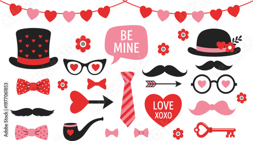 Valentine's Day photo booth props vector set featuring top hats, mustache, bow ties, heart glasses, arrows, love letters, key, and festive bunting for romantic celebration designs.