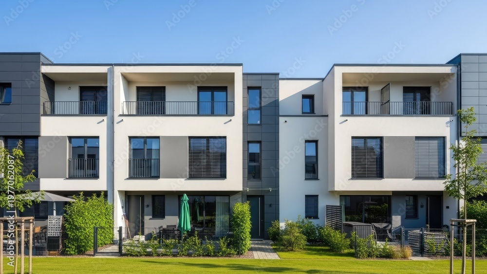 Fototapeta premium A modern apartment building with a well-manicured lawn and clear blue sky