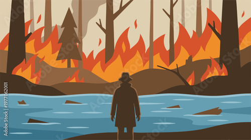 Person watches devastating forest fire raging across a body of water
