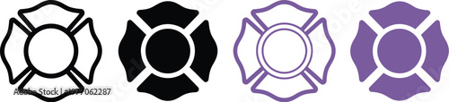 Firefighter emblem icon set, modern flat vector symbols featuring Maltese cross and St Florian insignia for fire department branding and public safety design.