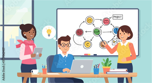 Diverse team brainstorming meeting in modern office with whiteboard and laptop in bright colorful lighting for business presentation