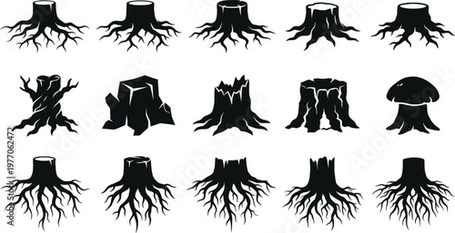 Tree stump silhouettes set, black vector collection, roots and cut trunks, forest elements, isolated design, nature illustration pack, clipart bundle