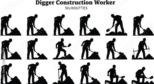 Construction worker digging silhouettes set shovel labor industrial building site black shadow vector illustration collection workforce design pack