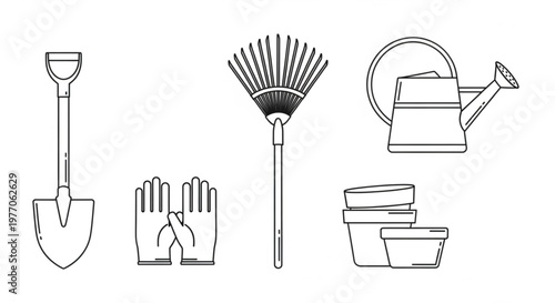 Collection of gardening tools including a shovel rake watering can gloves and pots presented as simple line art icons for design projects
