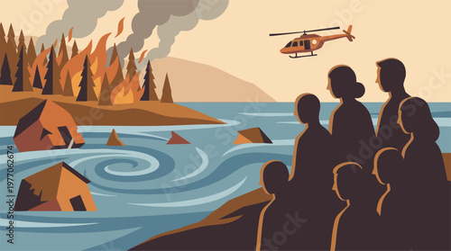 Wildfire and flood disaster with people watching and rescue helicopter