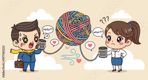 Cute cartoon boy and girl characters communicating about a colorful ball of yarn and knitting supplies in a playful