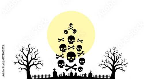 Halloween icons, spooky symbols, skulls, crossbones, graveyard scene, black silhouette, yellow moon