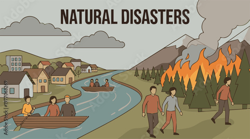 Natural Disasters Illustration with Flood, Wildfire, and Evacuation
