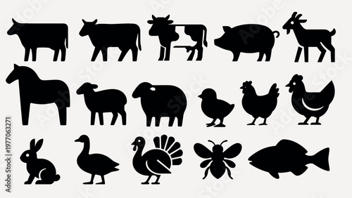 Silhouettes of various farm animals vector set