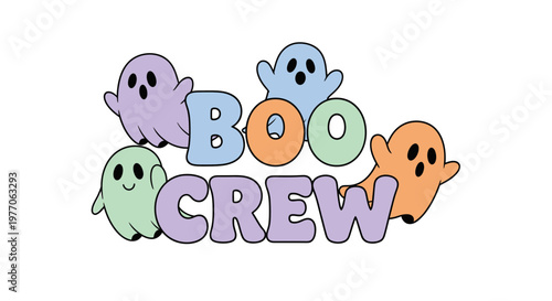 Halloween ghost characters, Boo Crew logo, colorful cartoon ghosts, spooky illustration, vector graphic