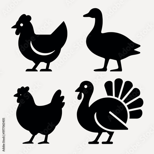 Silhouettes of farm birds vector set