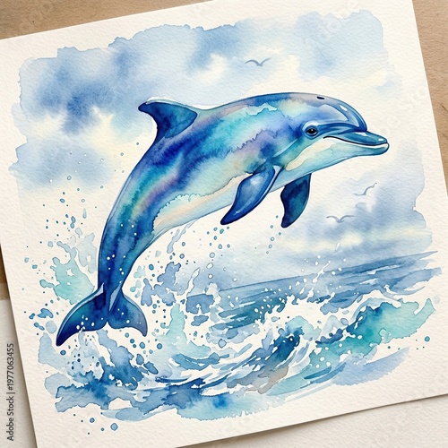 Watercolor Dolphin Leaping Out of Ocean Waves in Blue Tones Artistic Marine Scene