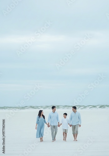 Family walking on a white sand beach during daytime.