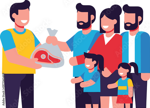 a delivery man handing a bag to a happy family