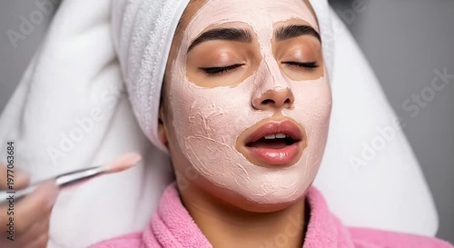 Person with eyes closed receives pink facial mask application for skincare and relaxation
