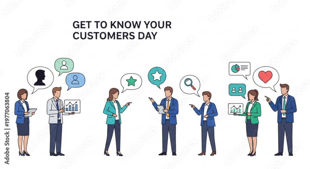 Fototapeta premium Diverse business people interacting and sharing ideas representing customer engagement and communication for marketing campaigns flat vector illustration