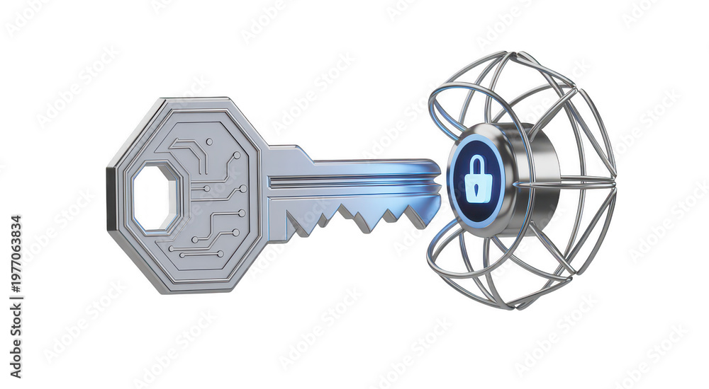 Obraz premium Silver digital key with circuit board texture approaching a glowing padlock inside a metal sphere isolated on a transparent background