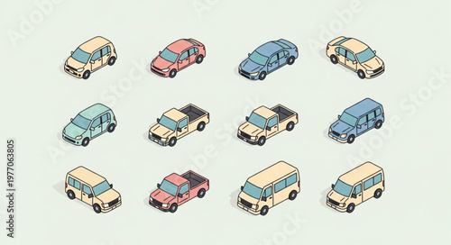 Collection of isometric cars and vehicles in different colors.