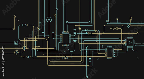 Abstract Digital Circuit Network with Interconnected Components. Technology background representing data flow, computing, and information.