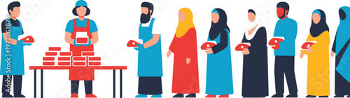 a diverse group of people preparing and serving food