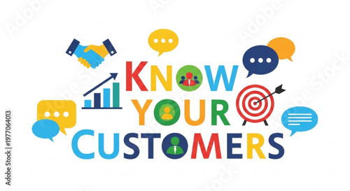 Know Your Customers text with icons representing business growth communication and target marketing flat design concept for presentations and websites
