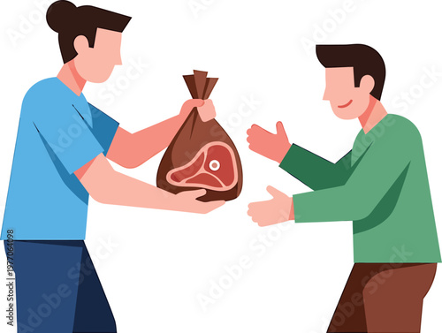 a man and a woman are exchanging a bag of raw meat