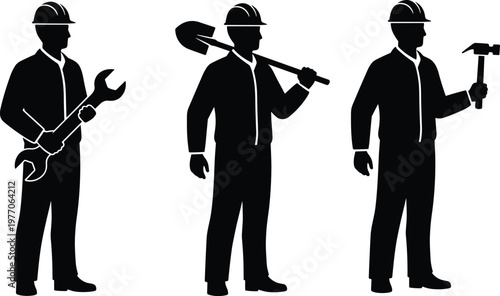 Construction worker silhouettes set holding wrench shovel hammer labor industrial black shadow vector illustration collection workforce design elements