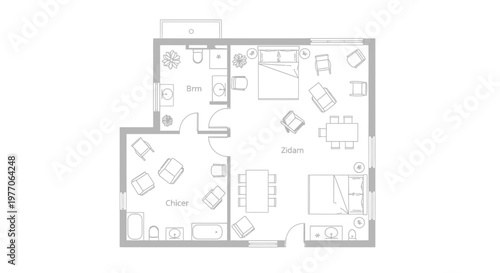 Modern Apartment Floor Plan: Two Bedrooms, Living Area, Kitchen, and Bathroom