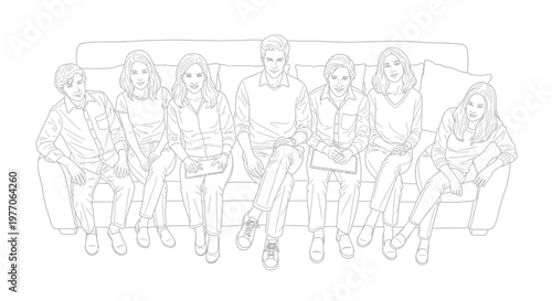 Diverse Group of People Sitting on Sofa, Looking at Camera