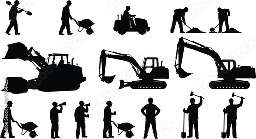 Construction workers and heavy equipment silhouette set, excavator loader tools, manual labor team, building site activity, industrial work collection vector