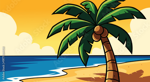 Tropical beach palm tree vector illustration at sunset with calm ocean waves and sandy shore, perfect for vacation and summer themes