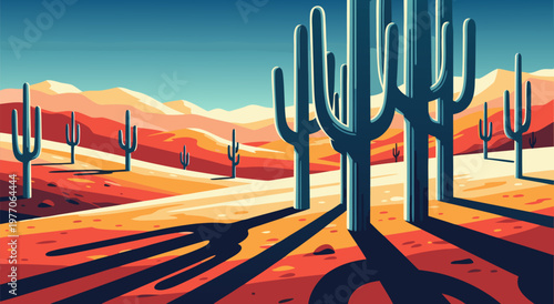 Vibrant desert landscape vector illustration with saguaro cacti casting long shadows under a warm gradient sky