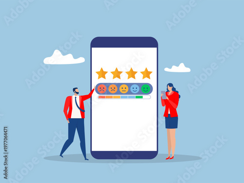 Business people employee pointing to 5 stars score rating.5 Stars performance evaluation, satisfaction or quality feedback review, star rating for appraisal, assessment vector illustrator.