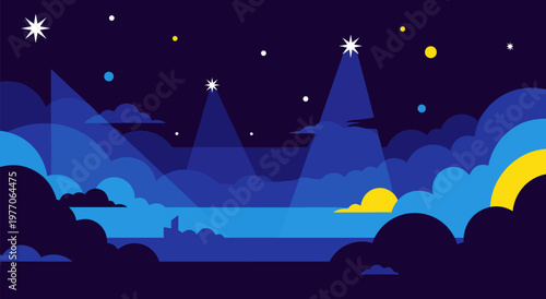 Vibrant night sky vector illustration featuring stars and clouds, creating a magical atmosphere for graphic design projects