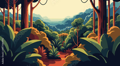Vibrant Jungle Landscape with Lush Foliage and Distant Haze Vector Illustration, Nature's Serene Beauty