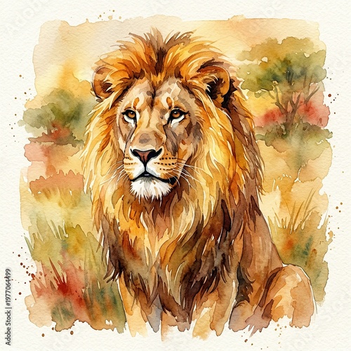 Majestic Lion Sitting in Natural Savanna Landscape Watercolor Style