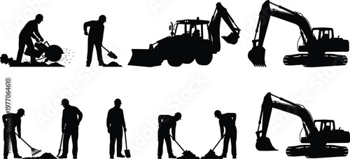 Construction workers and machinery silhouette set, excavator backhoe tools, manual labor team, digging cleaning activities, industrial work collection vector