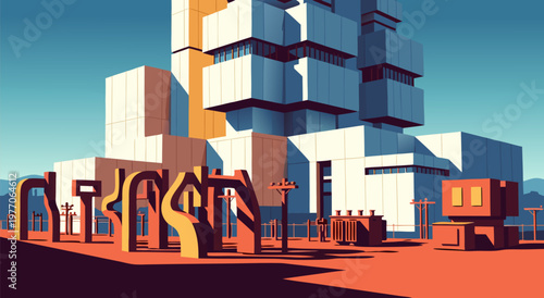 Modernist Architectural Illustration of a Stylized Building Complex with Geometric Forms and Industrial Elements, Vector Artwork