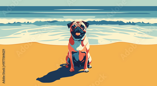 Cute Pug Illustration Vector Art, Adorable Dog Sitting on Sandy Beach with Ocean Waves in the Background