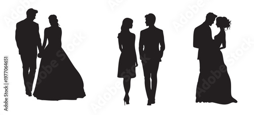 Elegant wedding couple silhouettes vector set