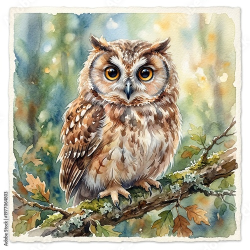Detailed Realistic Watercolor Owl Sitting on Tree Branch in Forest