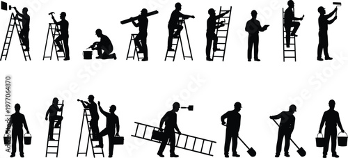 Construction workers on ladder silhouette set, painting repair installation tasks, carrying tools buckets, building maintenance team, industrial work vector