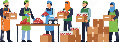 workers in an abattoir or packing house preparing meat for distribution