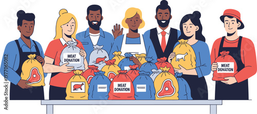 a group of people standing around a table with meat donations