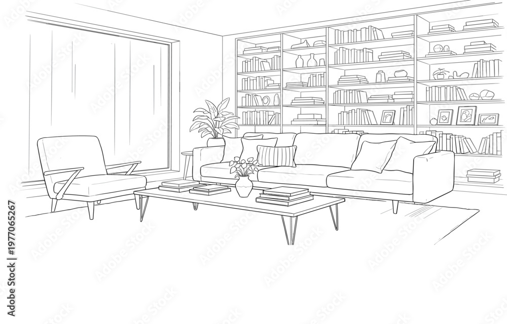 Obraz premium Modern living room interior with sofa armchair bookshelf and coffee table detailed line drawing cozy home design illustration