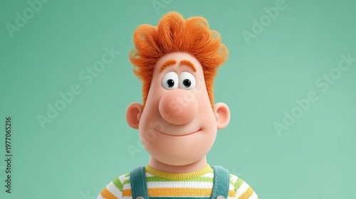 A young boy with orange hair smiles widely at the camera. He is wearing a striped shirt and overalls. The background is light blue. He appears happy and playful.