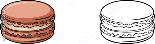 French macaron illustration & outline set isolated on transparent background