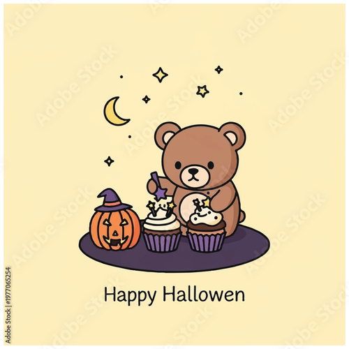 Brown Teddy Bear Holding Cupcake Halloween.
