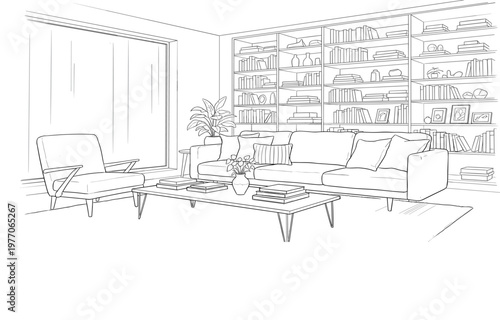 Modern living room interior with sofa armchair bookshelf and coffee table detailed line drawing cozy home design illustration