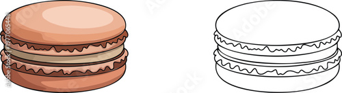 French macaron illustration & outline set isolated on transparent background